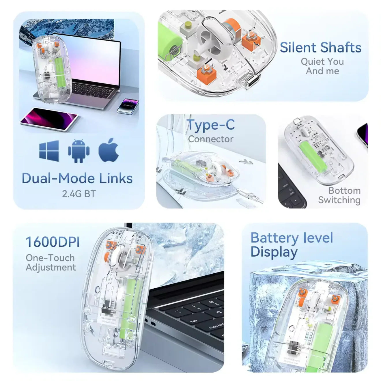 Transparent Wireless + Bluetooth Dual-Mode Rechargeable Mouse